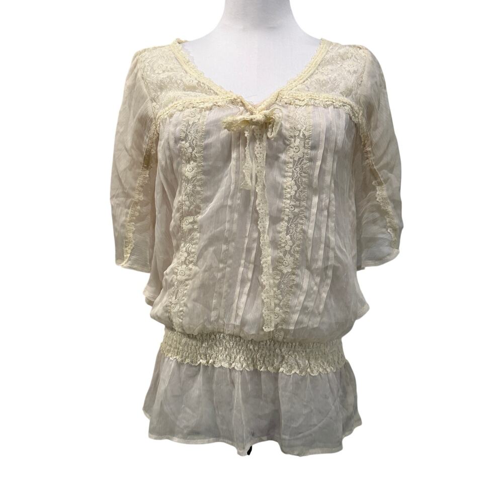 Cream Sheer Lace Boho Peasant Top Fairy Cottage Coquette Romantic Medium